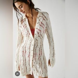Free People Cream Lace Button-Front Dress with Red Lining